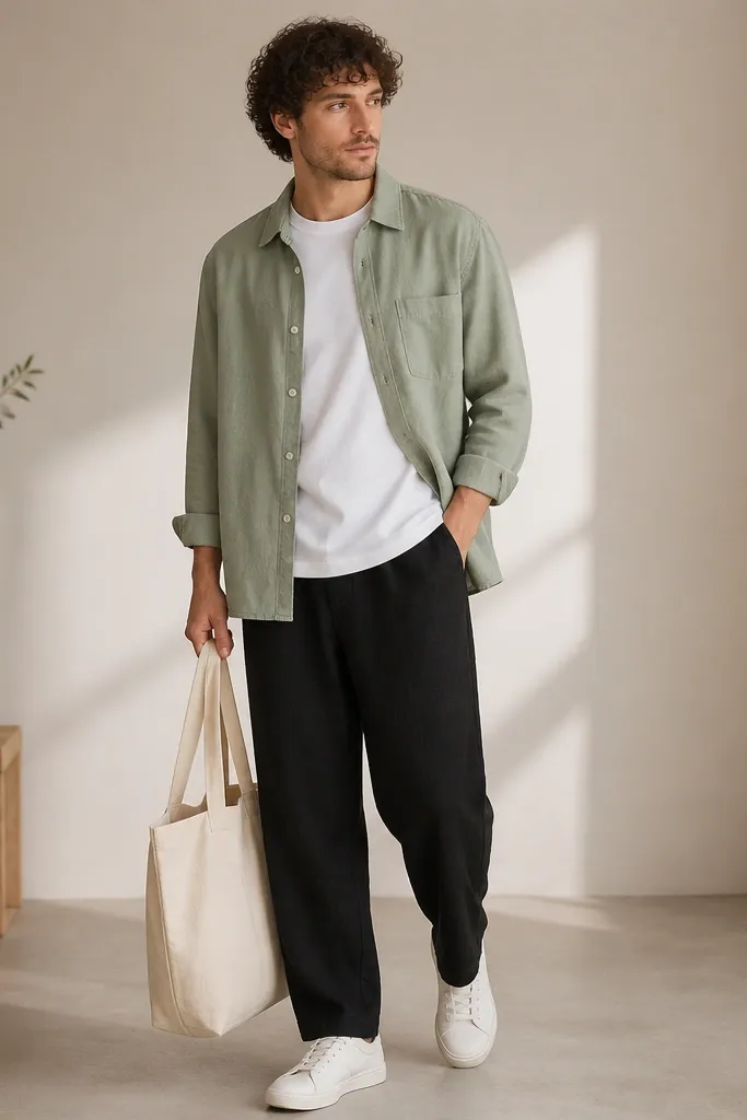 A sage green overshirt worn open over a white tee; black linen pants; white sneakers; a canvas tote in natural beige.