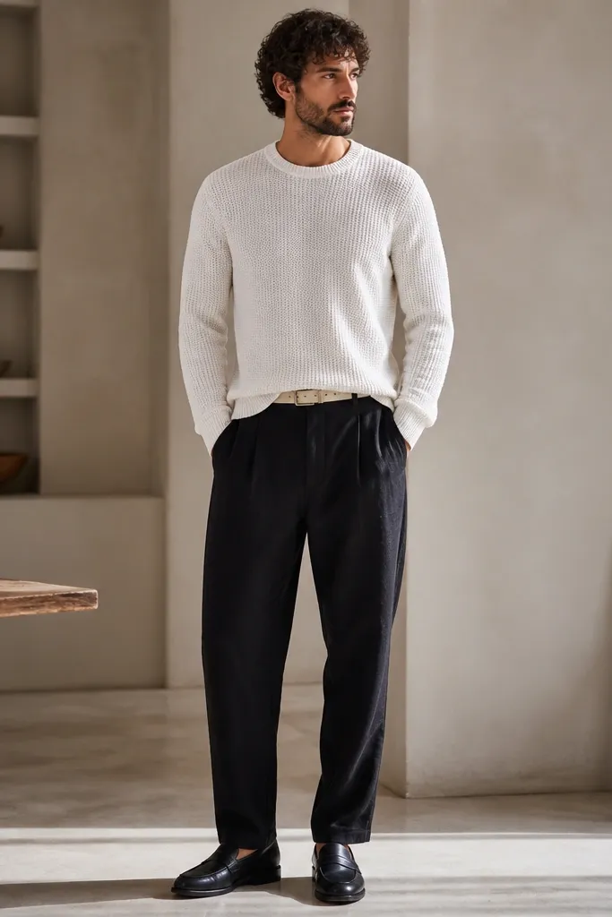 A white crewneck sweater with a breathable knit texture worn over black linen pants; the sweater hem is untucked; black leather loafers; a cream belt is visible.