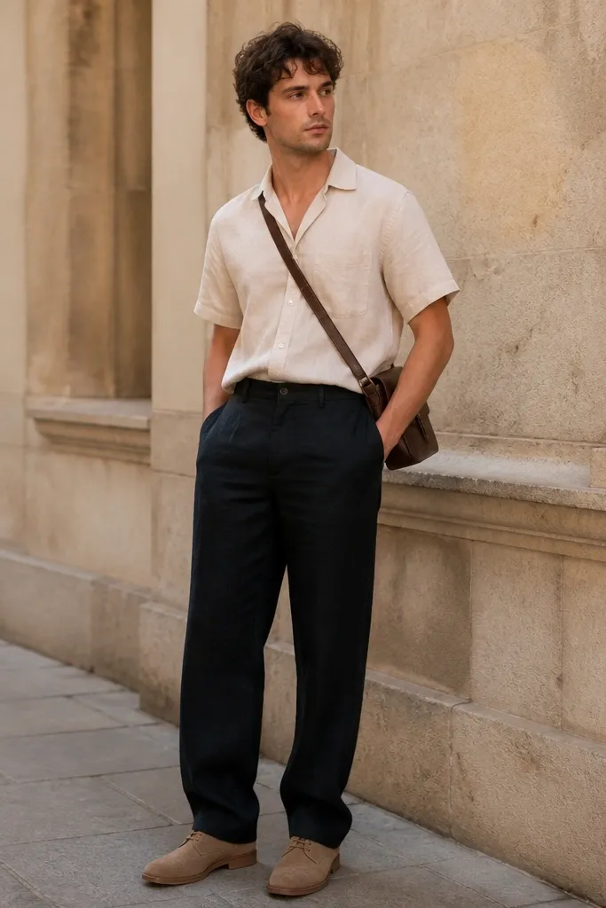 Black linen pants styled with tan suede desert boots; a beige short-sleeve shirt tucked at the front; a crossbody bag in dark brown; the hem breaks cleanly over the boot.