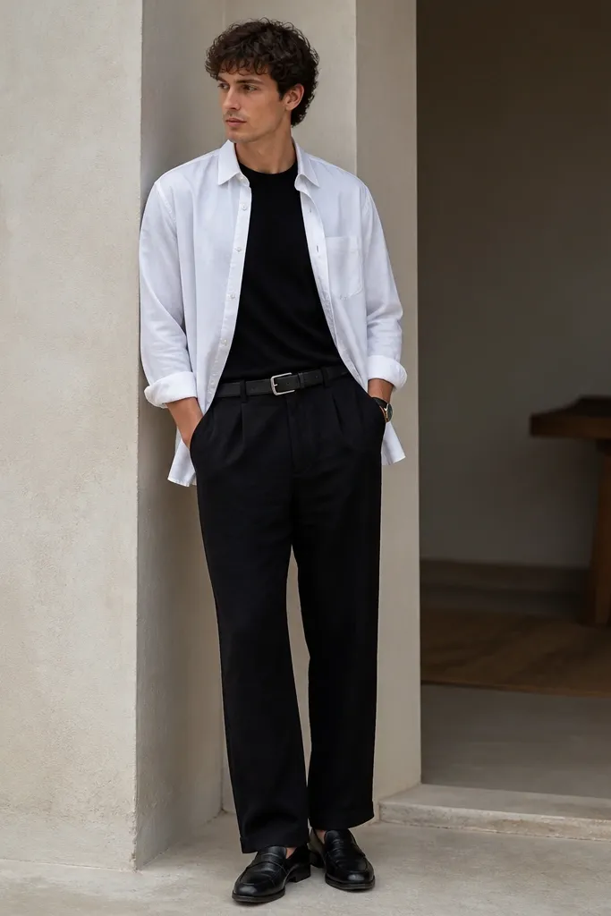 A white overshirt worn open over a black tee; black linen pants; black leather belt; black loafers; a black leather watch strap.