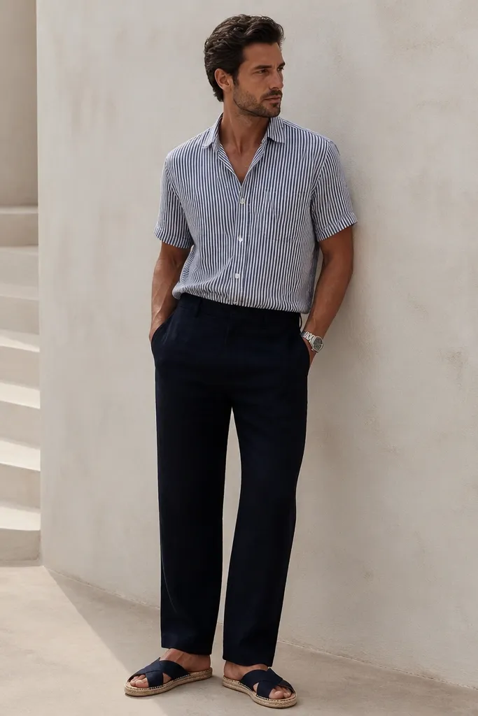 A thin navy and white striped short-sleeve shirt buttoned and tucked slightly into black linen pants; black linen pants with a straight leg; navy espadrille-style sandals and a silver watch.