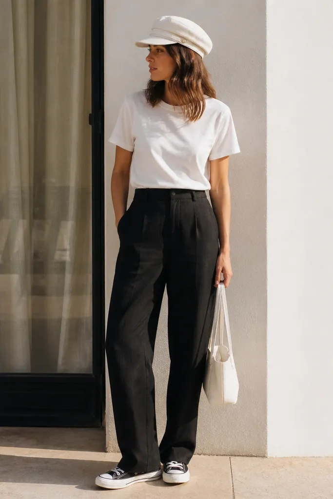 Black linen pants with a relaxed straight leg; a plain white tee tucked into the waistband; a white fisherman cap; black-and-white sneakers; a small white tote bag.