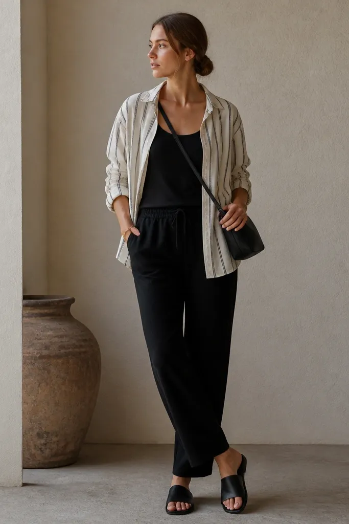 A cream and black striped linen button-up worn open over a black tank; black linen pants; black leather slide sandals; a small black crossbody.