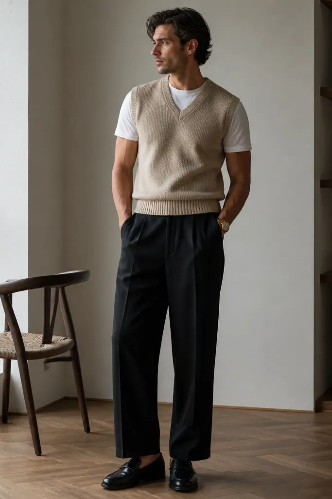 A beige sweater vest layered over a white crewneck tee; black linen pants; black leather loafers; the vest hem sits at the waistline; a gold watch visible.
