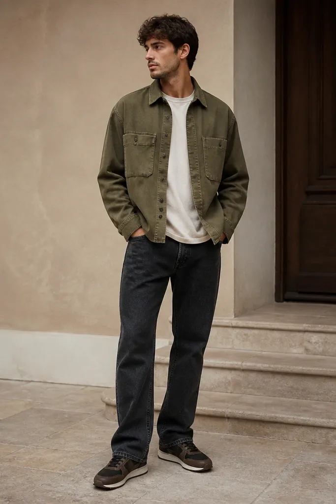 A person wearing low-top Travis Scott shoes with dark brown/black tones. They pair with vintage-wash black straight-leg jeans, a light stone crewneck tee, and an olive green overshirt. The hem has a small break over the shoe.