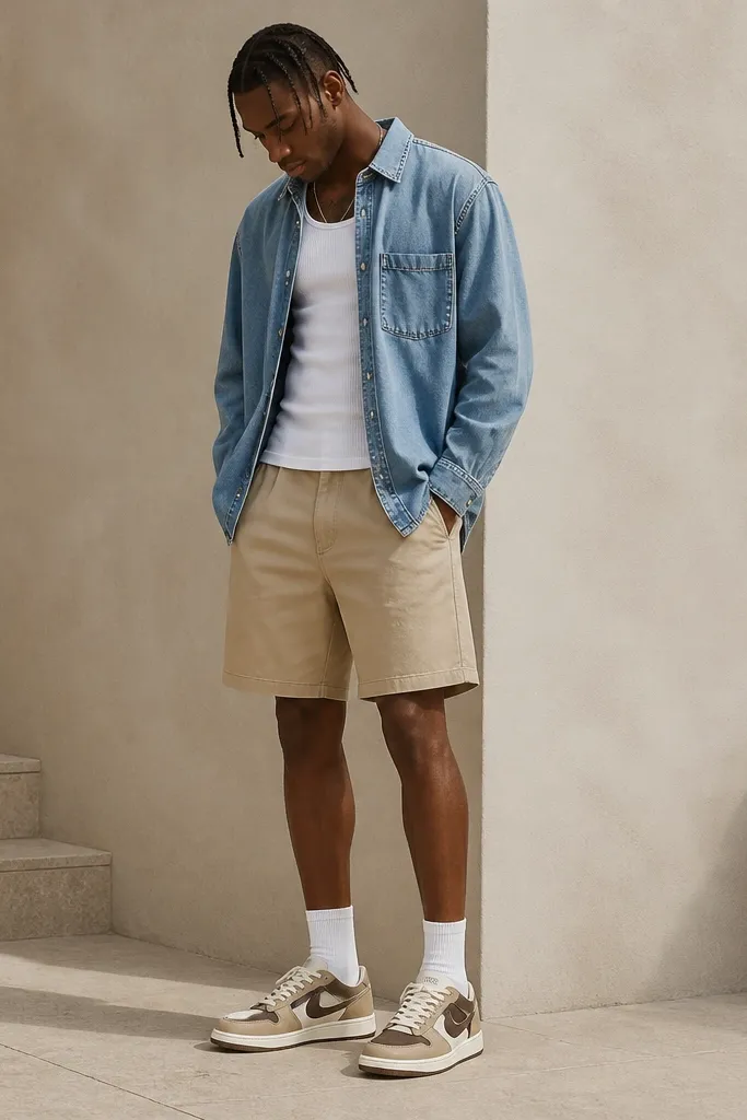 Low-top Travis Scott shoes in a neutral brown/cream palette. The outfit shows sand-beige shorts, a white ribbed tank, and an open light-blue denim button-up. The shoes sit centered with a clean ankle line.