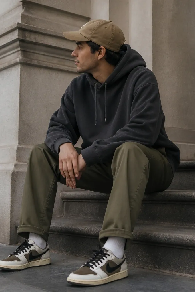 Low-top Travis Scott shoes with olive-brown accents. The person wears olive chinos, a charcoal hoodie, and a tan baseball cap. The hoodie is slightly oversized but not covering the shoe tops.