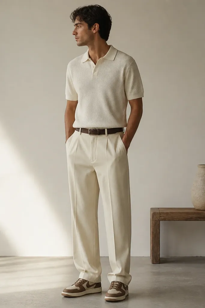 Low-top Travis Scott shoes with cream and brown tones. The outfit includes a cream knit polo shirt, ecru straight trousers, and an espresso-brown leather belt. The shoes are centered under a slight trouser break.