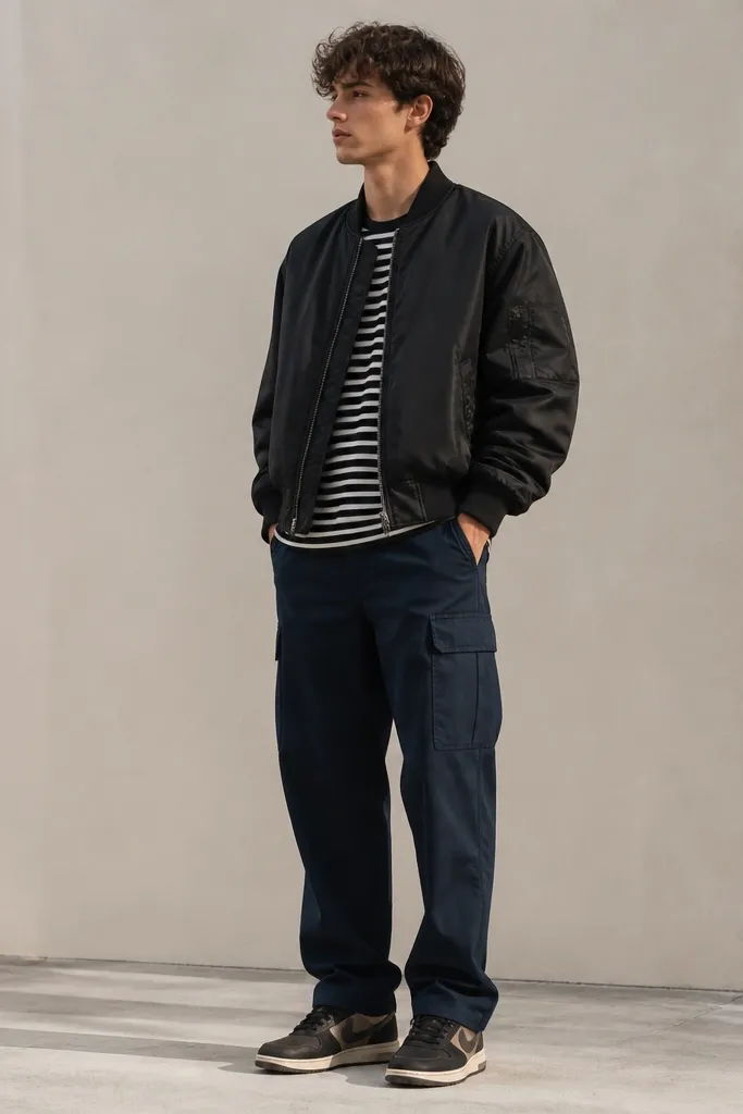 Low-top Travis Scott shoes in dark brown/black. The outfit shows navy cargo pants, a black-and-white striped tee, and a black bomber jacket. The jacket sleeves are slightly cuffed and the pants hit with a clean break.