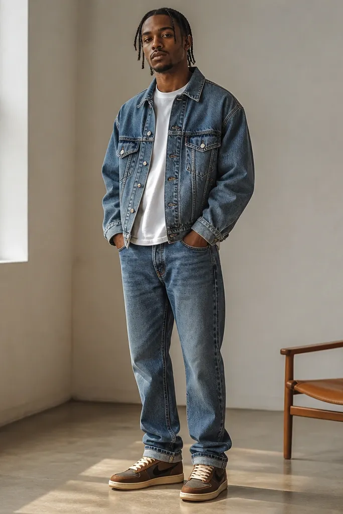 Low-top Travis Scott shoes with warm brown tones. The person wears a mid-wash denim jacket over a white tee and medium-wash jeans. The shoes show through with a small hem break.