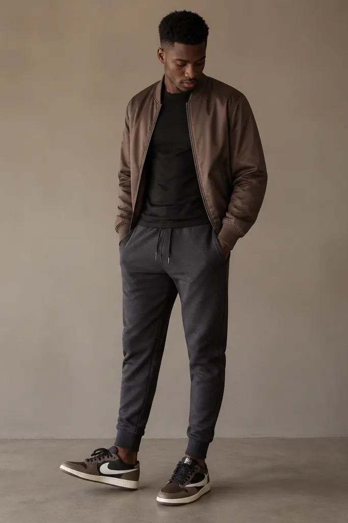 Low-top Travis Scott shoes with mocha/brown details. The outfit includes charcoal tapered sweatpants, a black fitted tee, and a mocha-brown bomber jacket. The sweatpants show a clean ankle taper over the shoe.