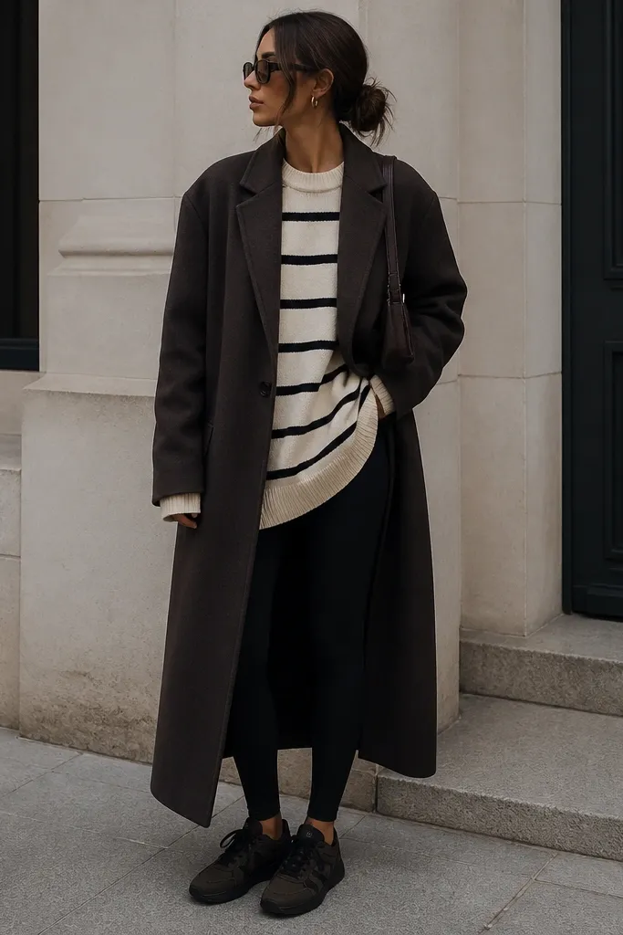 Low-top Travis Scott shoes in dark brown/black. The outfit shows black leggings, an oversized cream-and-black striped sweater, and a longline dark coat. The shoes peek out under the sweater hem.