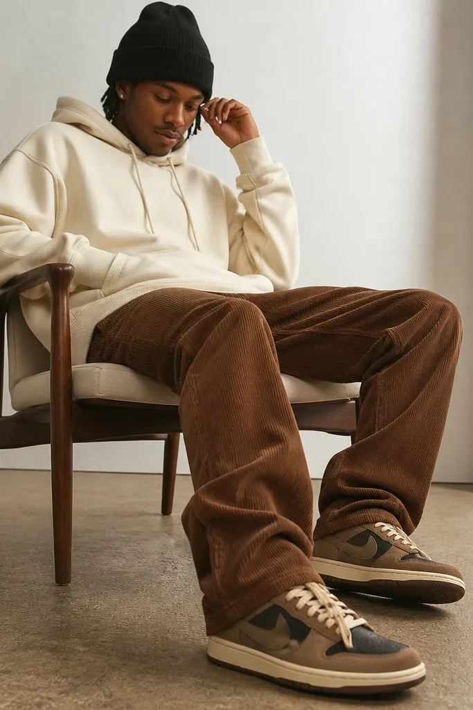 Low-top Travis Scott shoes with warm brown tones. The person wears brown corduroy pants, a cream hoodie, and a black knit beanie. The corduroy shows visible texture and a slight break over the shoe.