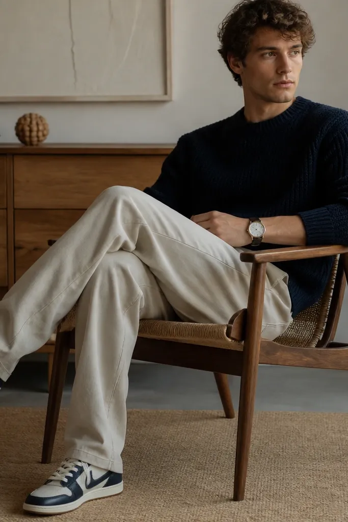 Low-top Travis Scott shoes with navy/cream contrast. The outfit includes a navy knit sweater, light khaki pants, and a simple watch. The pants have a soft break over the shoe.