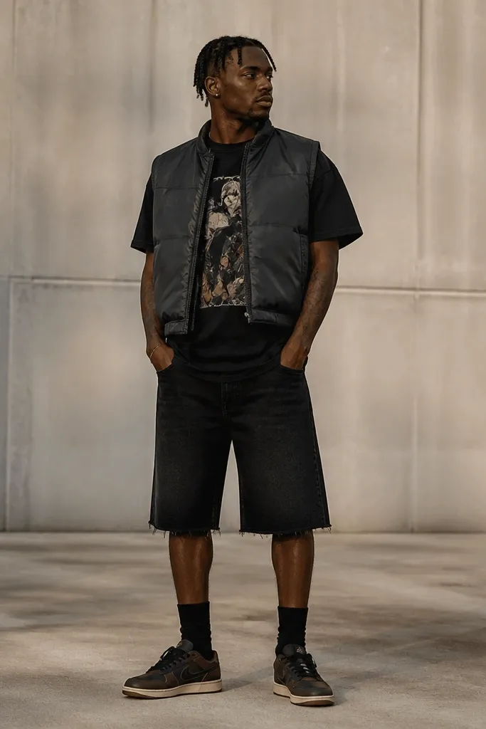 Low-top Travis Scott shoes in dark tones. The person wears black denim shorts, a black graphic tee, and a bomber vest. The vest hem sits around the waist and the shoes are clearly visible.