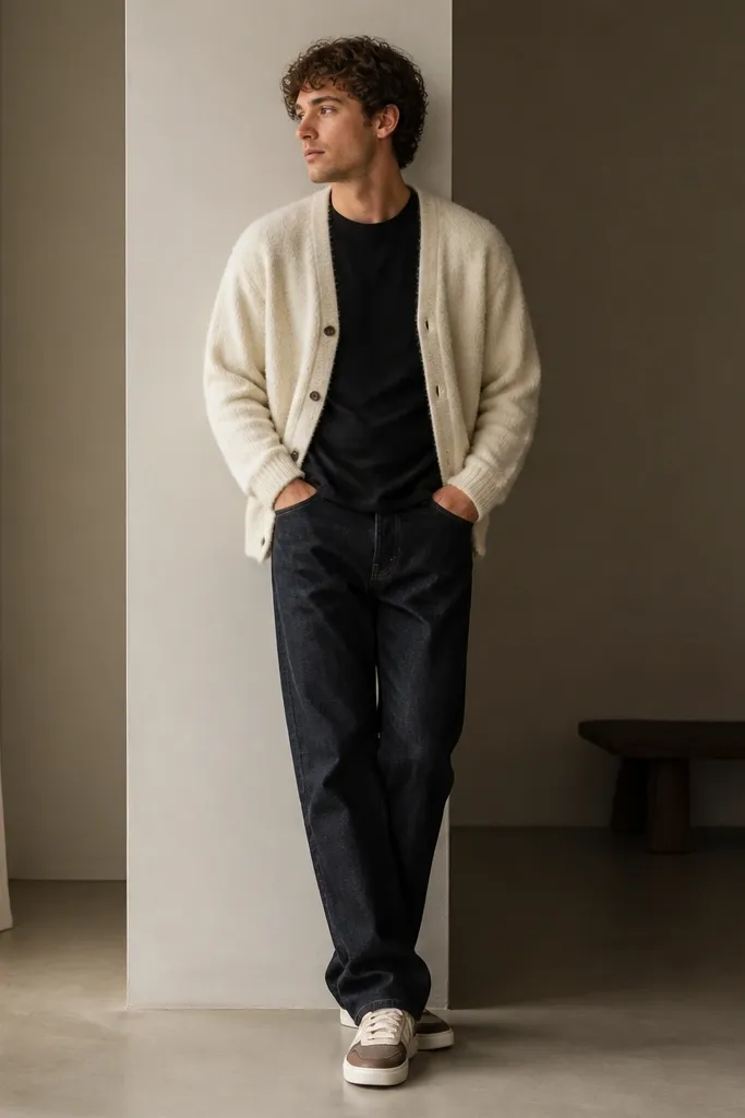 Low-top Travis Scott shoes with cream and brown accents. The person wears dark-wash jeans, a black tee, and a cream cardigan. The cardigan is buttoned or partially buttoned and the jeans show a small break.