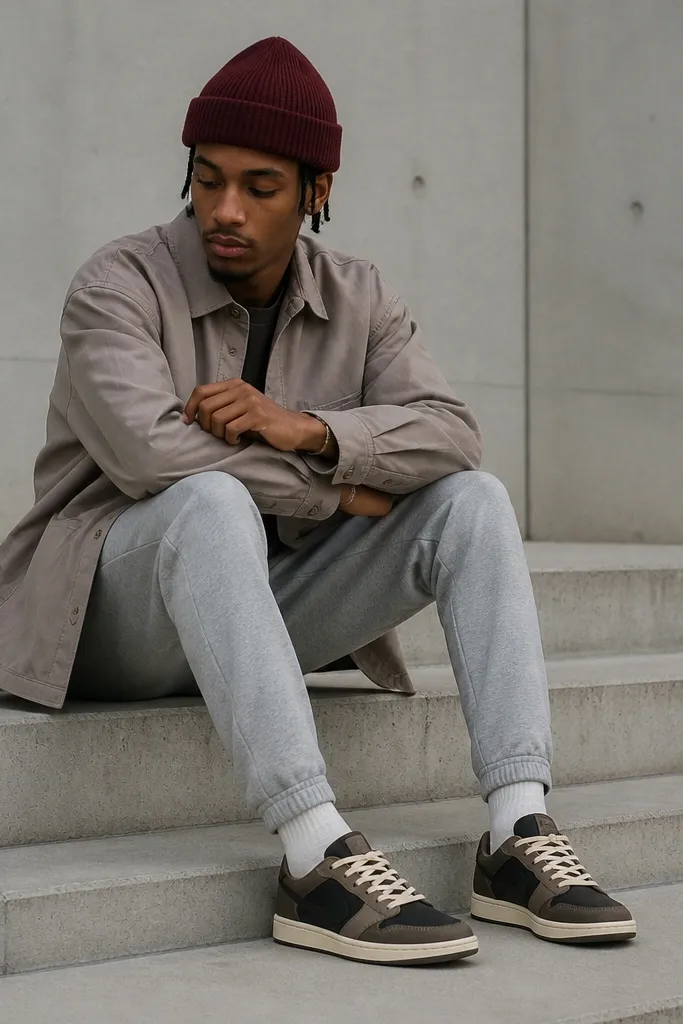 Low-top Travis Scott shoes with taupe and dark trim. The person wears gray joggers, a taupe overshirt, and a burgundy knit beanie. The joggers taper and show the shoe silhouette.