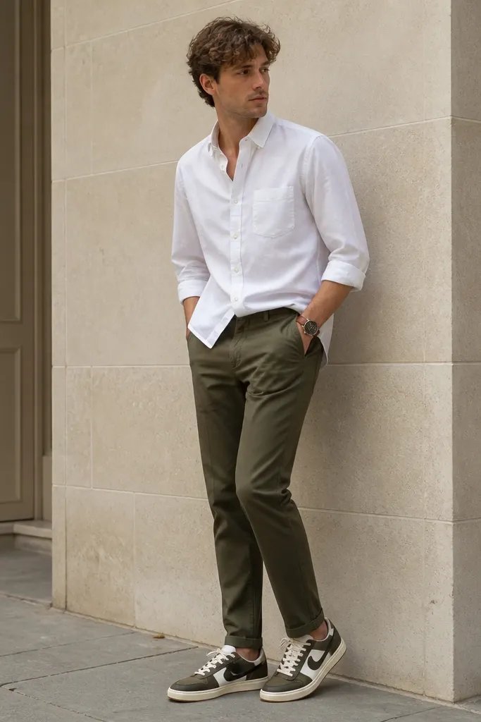 Low-top Travis Scott shoes with brown/olive accents. The person wears an olive chino pant, a white button-down shirt half-tucked, and a brown leather watch. The shirt sleeves are rolled once.