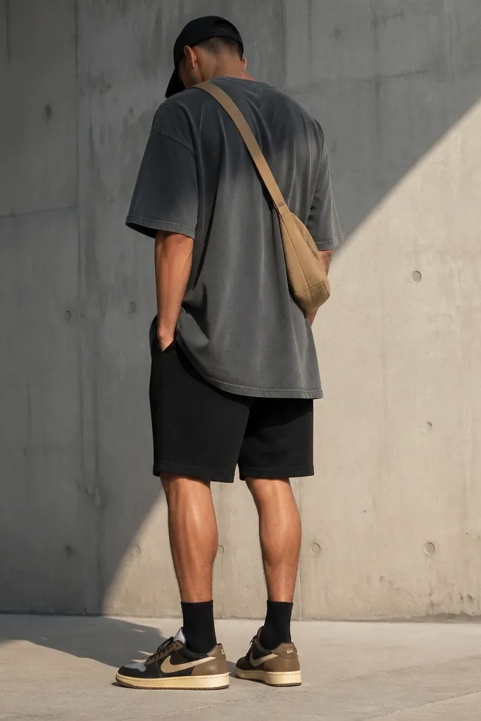 Low-top Travis Scott shoes in tan and dark tones. The person wears black shorts, a charcoal long tee that covers the hips, and a tan crossbody bag. The tee hem is slightly lifted at the back for a casual drape.