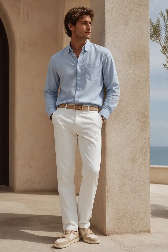 Low-top Travis Scott shoes with tan and cream tones. The outfit includes a light blue Oxford button-up, white chinos, and a tan belt. The shoes are visible with a gentle trouser break.