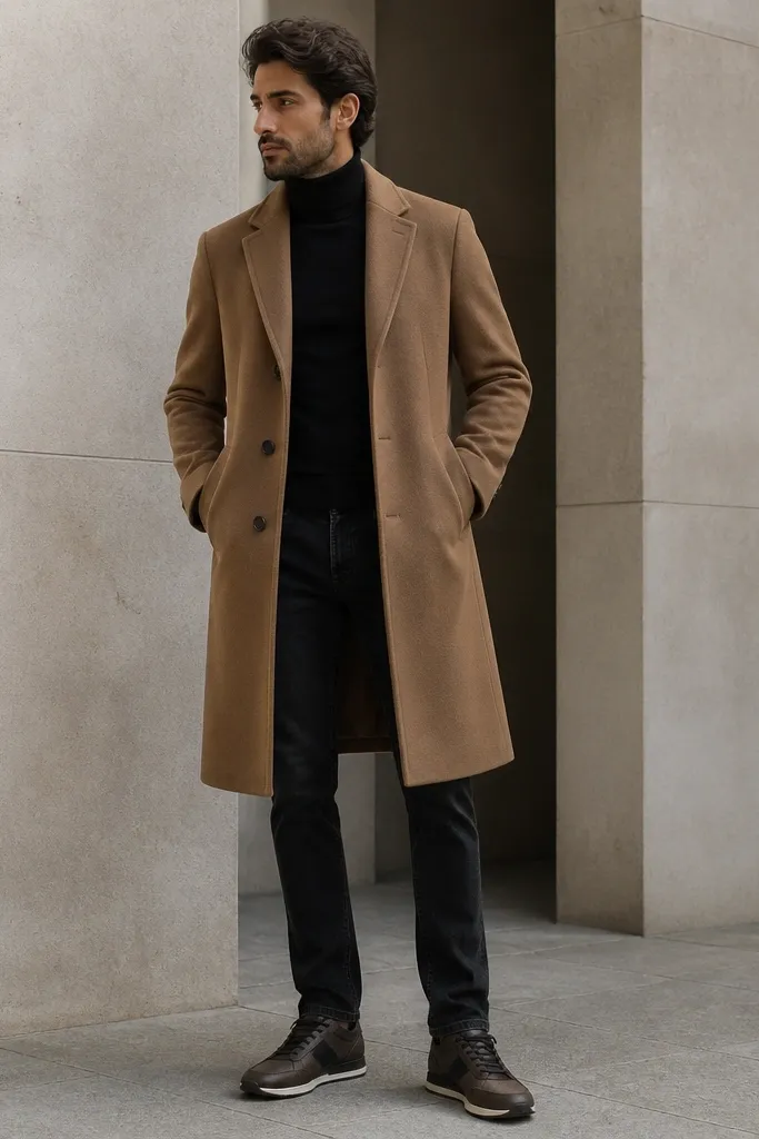 Low-top Travis Scott shoes with dark brown/black tones. The person wears a black turtleneck, a camel overcoat, and dark slim jeans. The jeans show a clean break and the coat is knee-length.