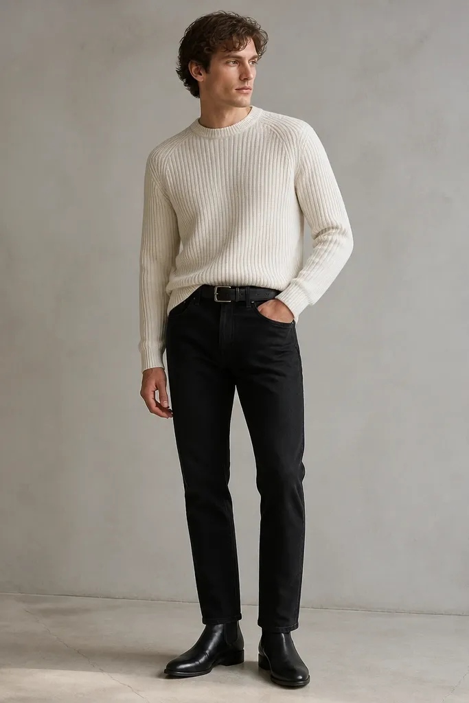 A model wearing near-ink black straight jeans with an off-white ribbed crewneck sweater, tucked at the front. They have a black leather Chelsea boot and a slim black belt. The outfit is photographed against a light gray background with natural light.
