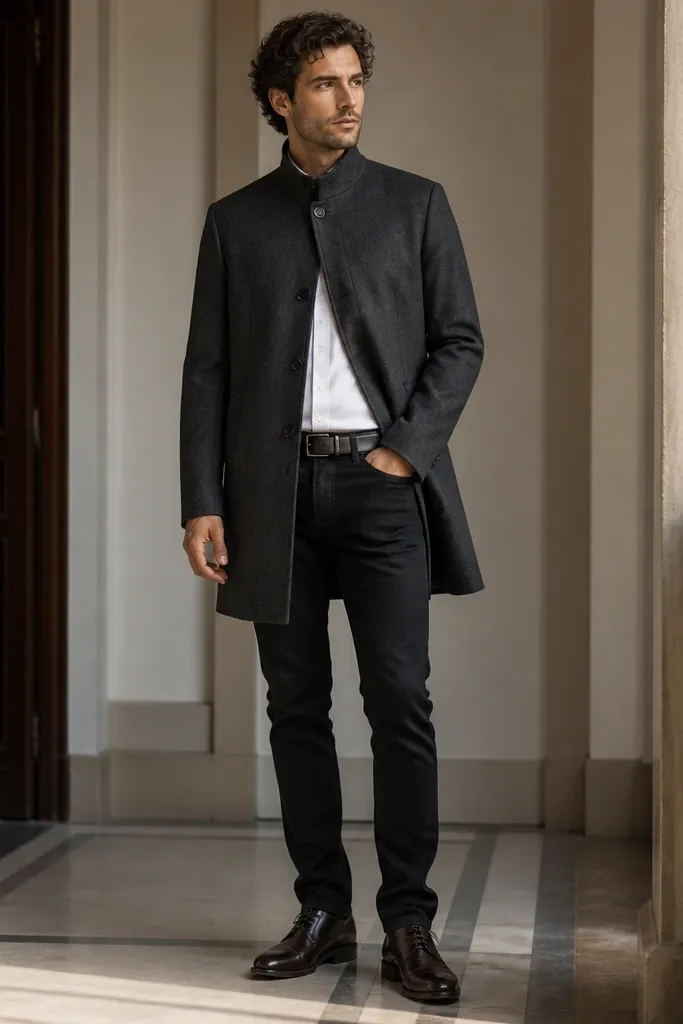 A man in black jeans with a structured charcoal overcoat buttoned at the top, wearing a crisp white Oxford shirt underneath. He has a dark brown or black leather lace-up shoe and a simple black belt. The photo shows the full upper body and legs, standing in a hallway.