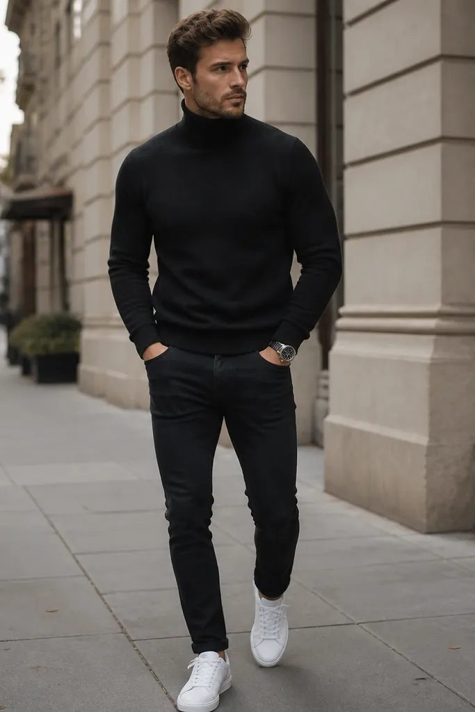 A minimalist street-style photo of black jeans paired with a black turtleneck sweater and white-soled clean sneakers. A matte silver wristwatch is visible. The background is an urban sidewalk, and the lighting makes the turtleneck look soft and thick.