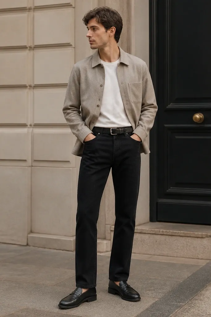 A look featuring black jeans under a stone-colored overshirt with a relaxed collar and button front. The shoes are black leather loafers with a low heel. The belt is black and the outfit is photographed outdoors with soft daylight.