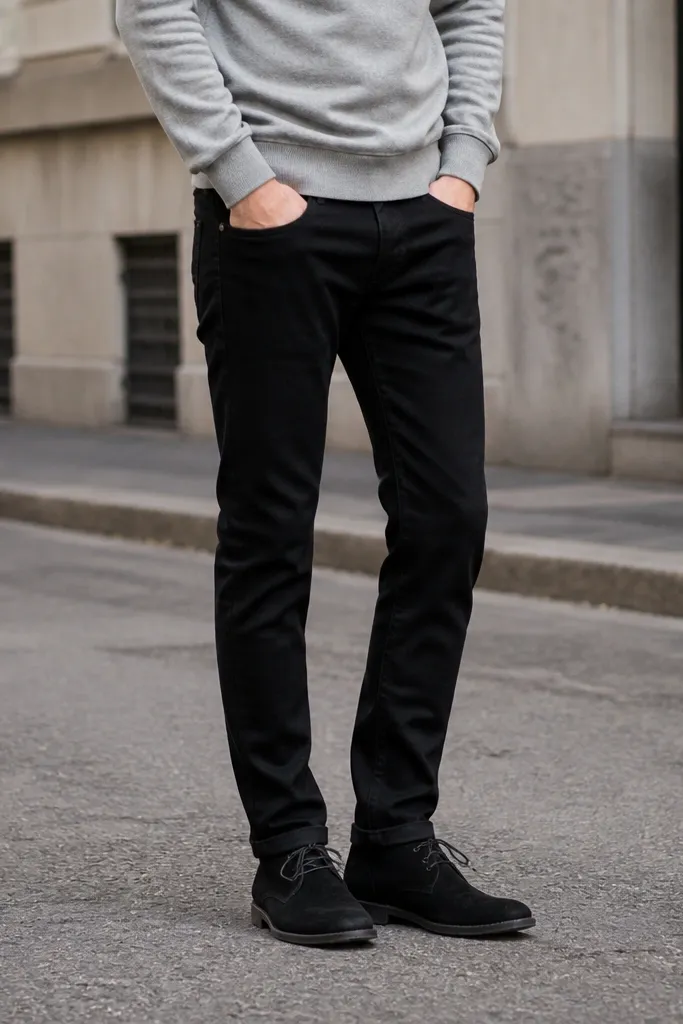 A casual minimalist outfit: black jeans paired with a heather gray crewneck sweatshirt. The shoes are black suede desert boots with visible suede texture. The photo shows the legs and shoes clearly on a street.