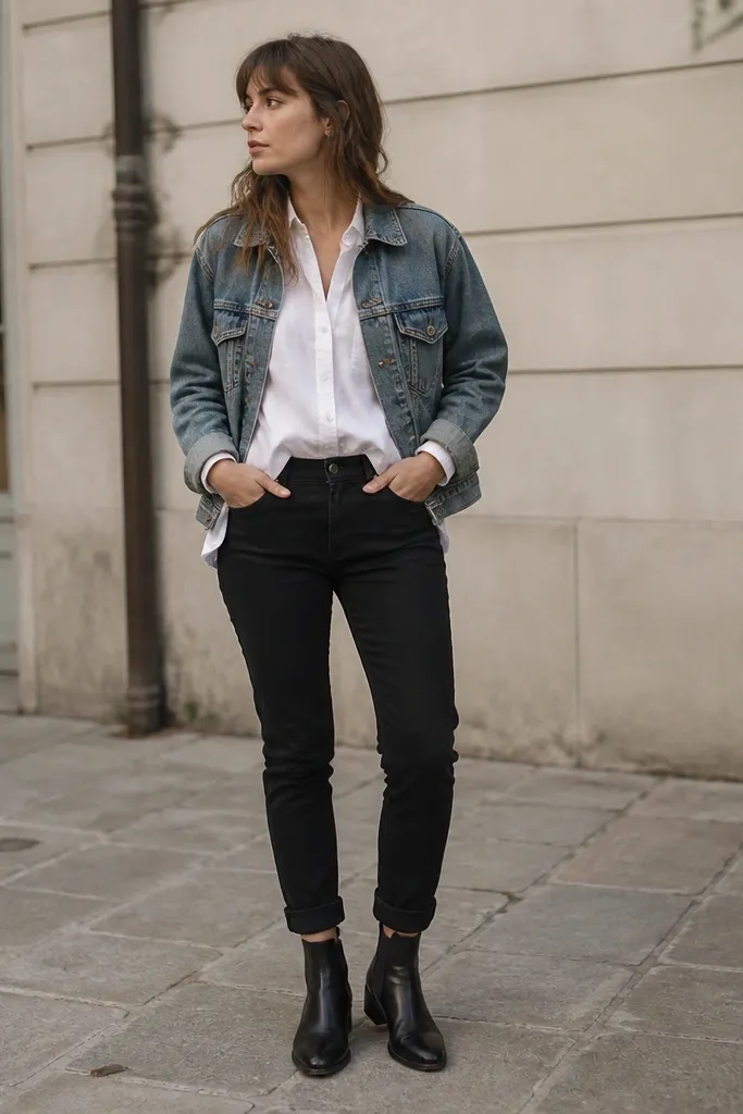 A layered outfit with black jeans, a white button-down shirt slightly tucked at the front, rolled cuffs, and a mid-wash denim jacket. The shoes are black leather boots. The photo is taken outdoors with a casual candid pose.