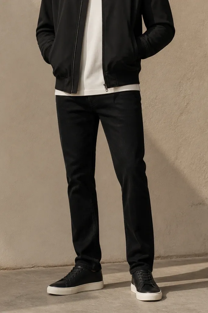 A bomber jacket in matte black over a cream T-shirt, paired with black jeans and clean low-profile sneakers. The bomber has ribbed cuffs and waistband. The photo shows the full outfit from waist to shoes.