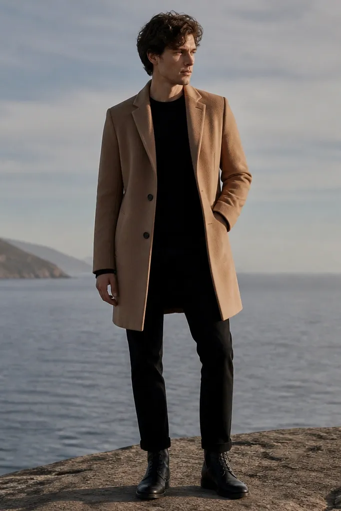 A camel overcoat over black jeans, with black lace-up boots. The coat falls around mid-thigh, and the shirt under it is black. The photo shows the silhouette and coat drape in natural light.