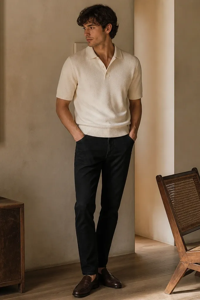 Black jeans paired with a bone knit polo shirt, buttoned to the second button. The shoes are dark brown leather loafers. The outfit is shown in a warm indoor setting with soft shadows.
