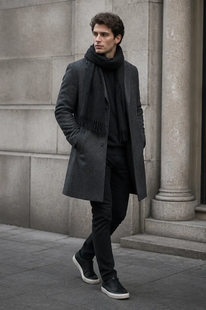 A wool coat in dark gray over black jeans, with a black scarf wrapped once around the neck. The shoes are minimal black sneakers with white soles. The photo shows the scarf texture clearly.
