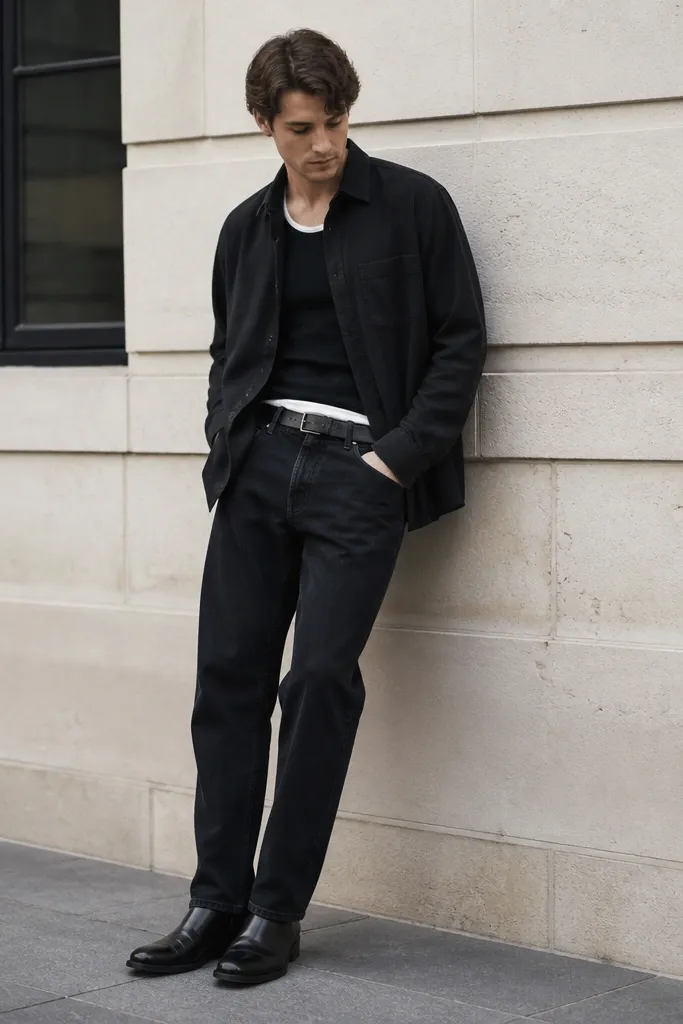 A black shirt jacket worn open over a black-and-white layered top. A white tank shows slightly underneath. The jeans are black and straight, and the shoes are black leather. The photo is styled with a clean, modern street look.