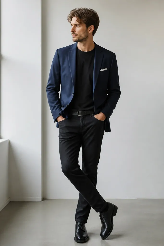 Black jeans paired with a navy blazer and a black crew tee. The shoes are black leather derbies. The blazer is tailored with a clean shoulder and a minimal pocket square. The photo is taken indoors near a window.