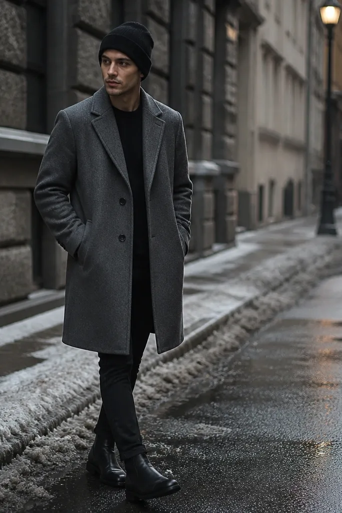 A gray overcoat over black jeans with a black knit beanie and black leather boots. The top layer looks wool or heavy knit, and the outfit is photographed in cold-weather street lighting.