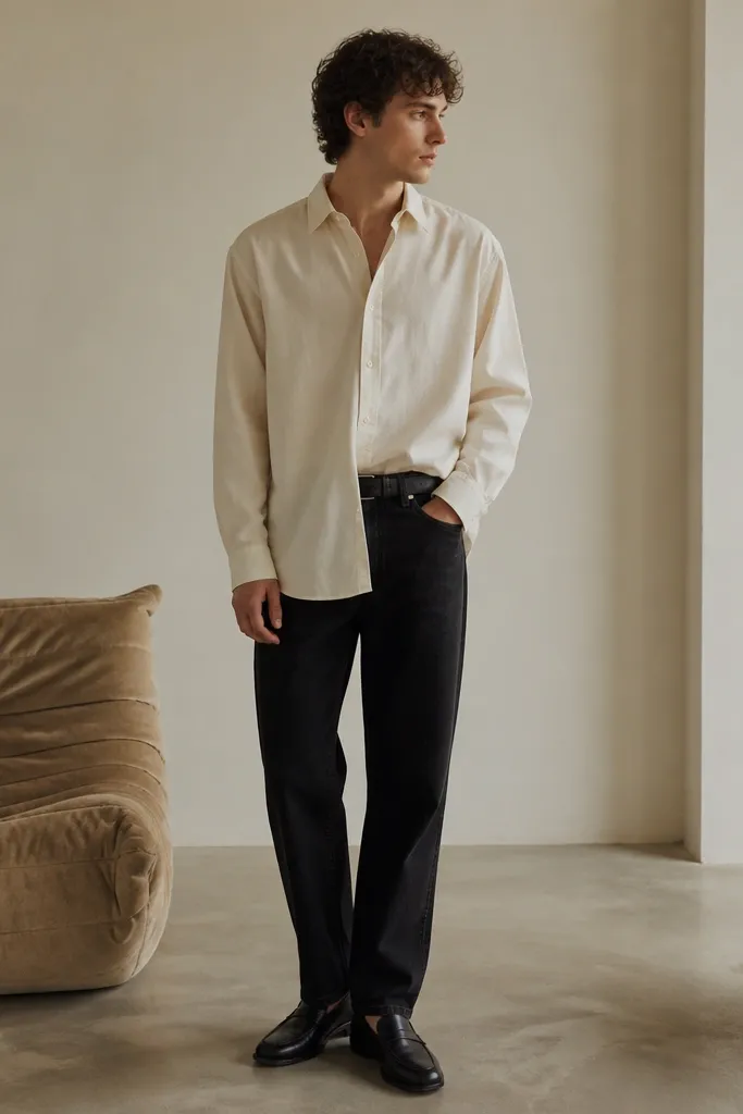 Black jeans with a cream oversized button-up worn untucked with a black belt visible at the waist. The shirt hem is slightly longer and the sleeves are buttoned at the wrist. Shoes are black leather loafers.