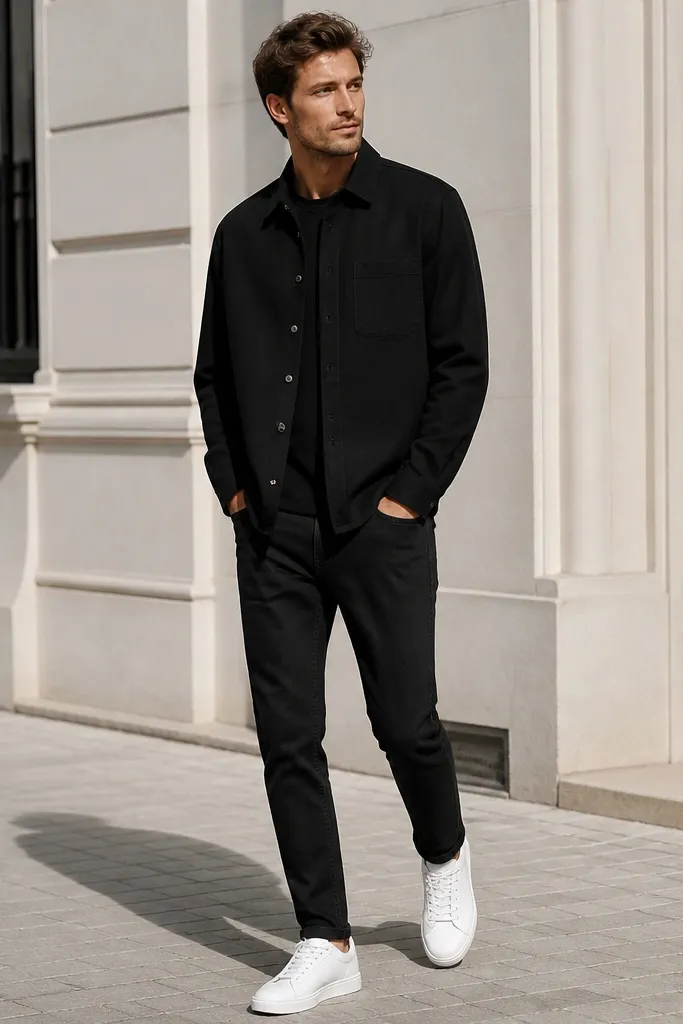 An all-black shirt jacket over black jeans, paired with white sneakers. The shirt jacket has a button front and a neat collar. The outfit is photographed on a clean street with bright daylight.