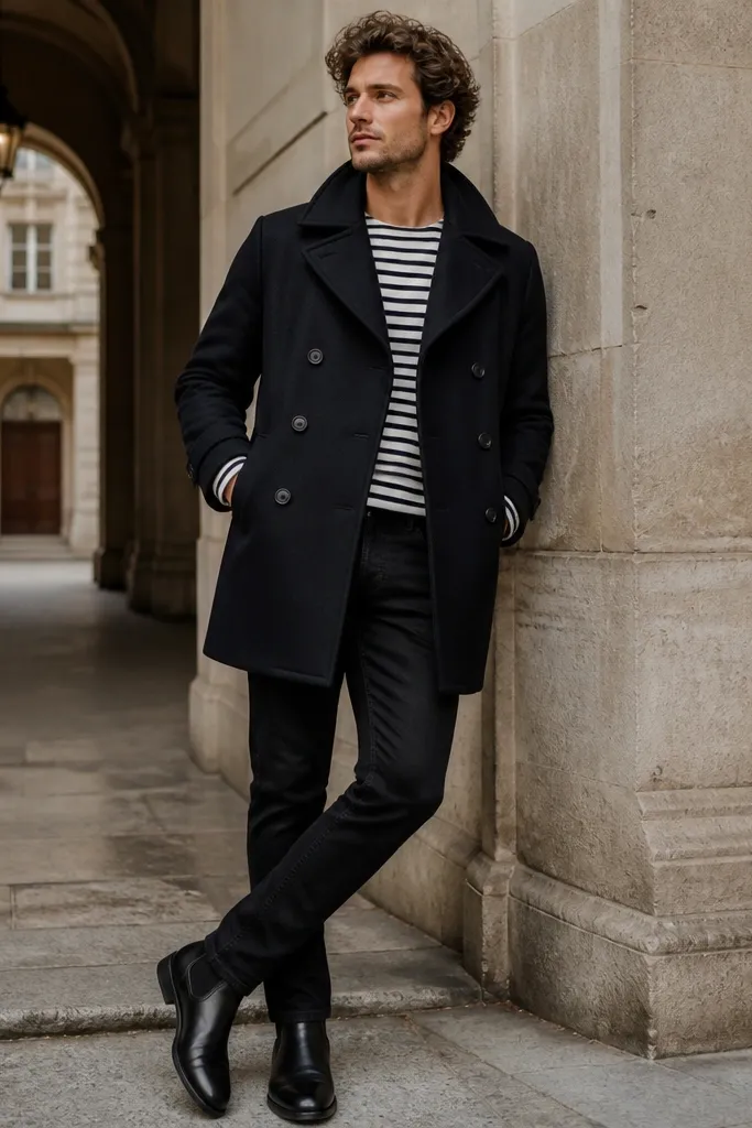 A black peacoat worn over black jeans, with a striped tee underneath in off-white and charcoal. The stripes are visible at the neckline and sleeve cuffs. Shoes are black leather boots.