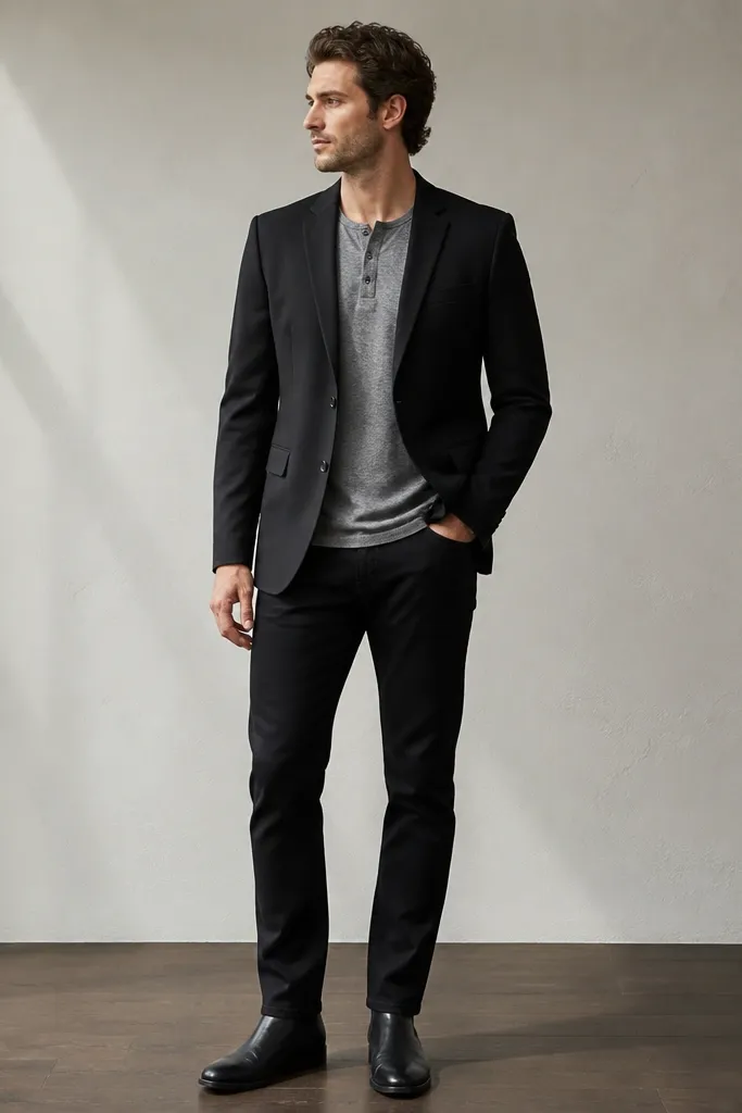 Black jeans with a heather gray henley shirt, layered under a black blazer. The henley collar is visible with two buttons. Shoes are black leather. The photo shows a clean smart-casual stance.
