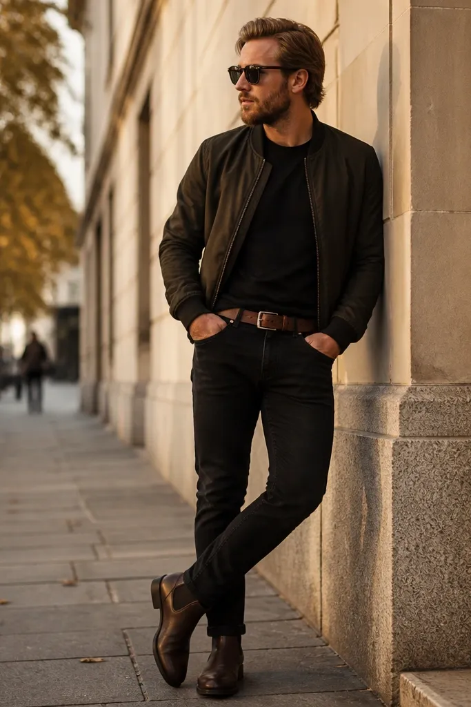 Black jeans with a black t-shirt, a minimal jacket in dark olive or black, and a visible tan leather belt. The shoes are dark brown boots. The photo is street style with warm lighting.
