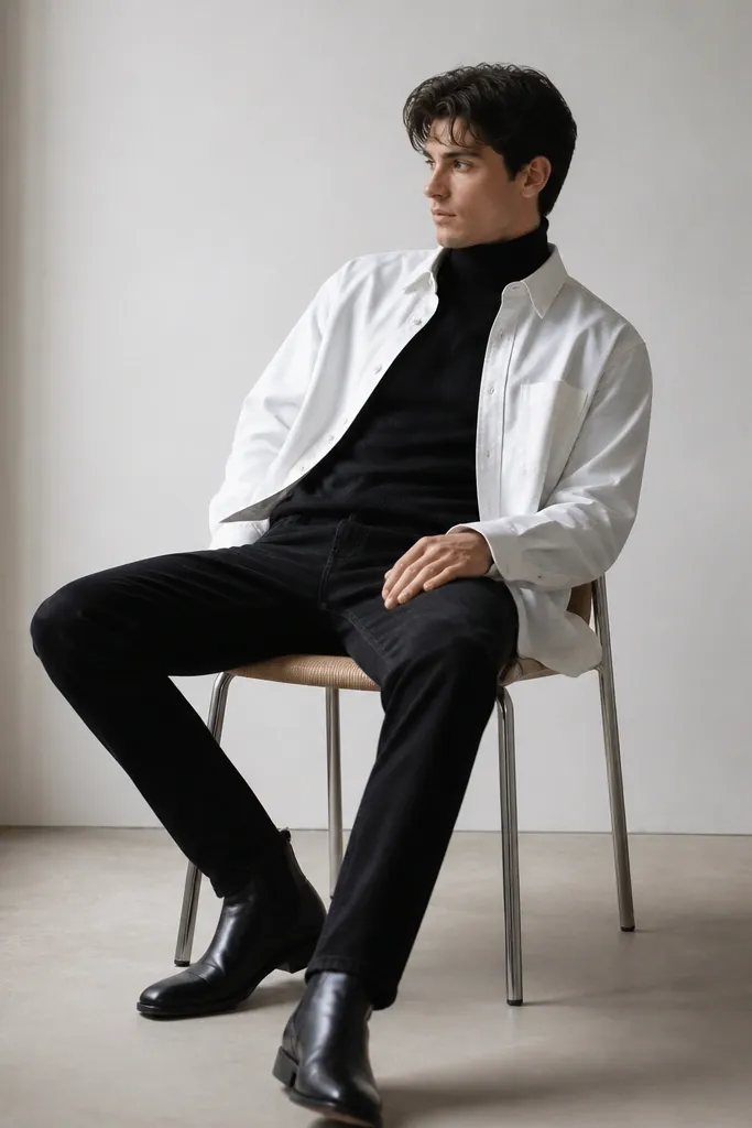 A white overshirt worn over a black turtleneck, paired with black jeans. The overshirt is left open and the turtleneck collar is visible. Shoes are black leather boots. The photo shows the layers clearly.