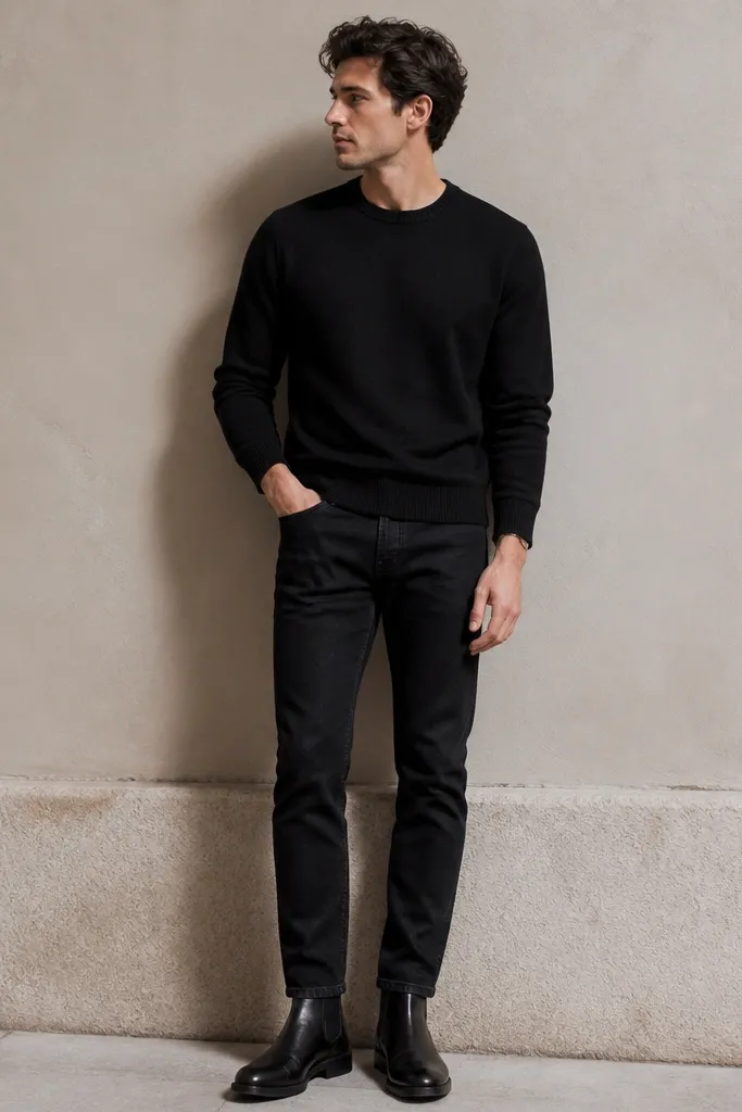 Luxe high end black jeans outfit mens minimalist looks