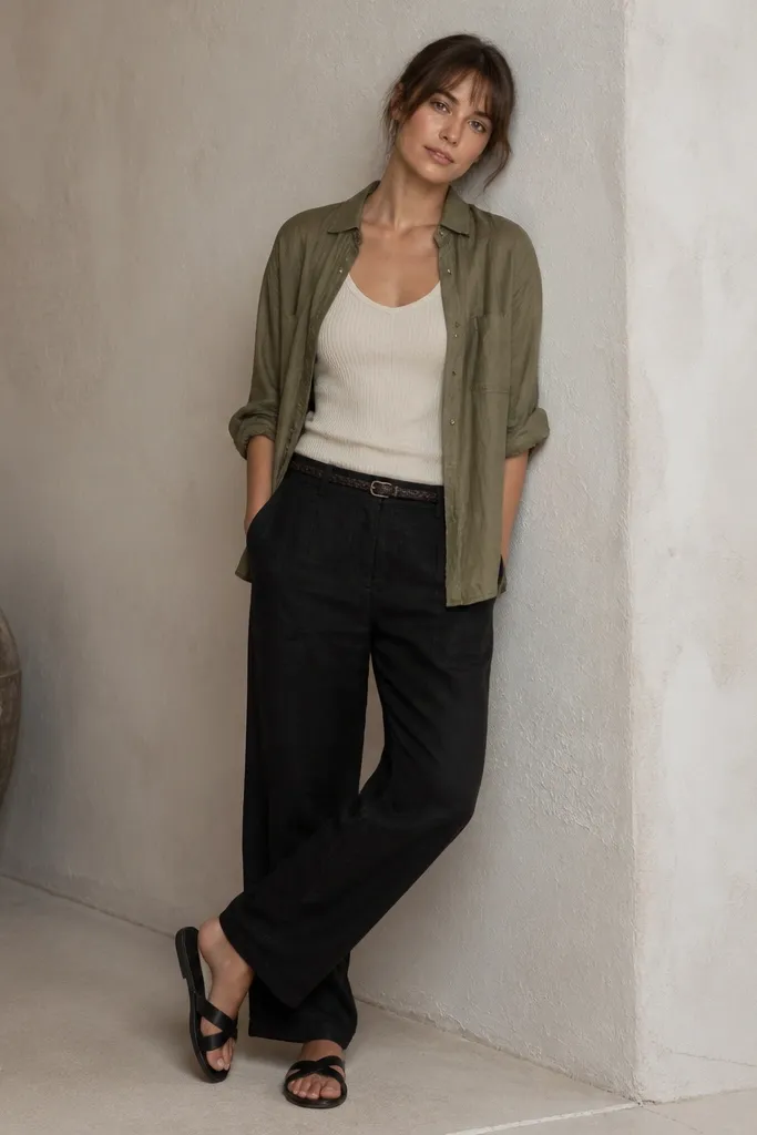 Black linen pants with a cream ribbed tank. An olive lightweight overshirt is worn open over the tank. The model wears black slide sandals and a thin braided belt. The overshirt fabric looks lightweight and slightly textured, catching soft light.