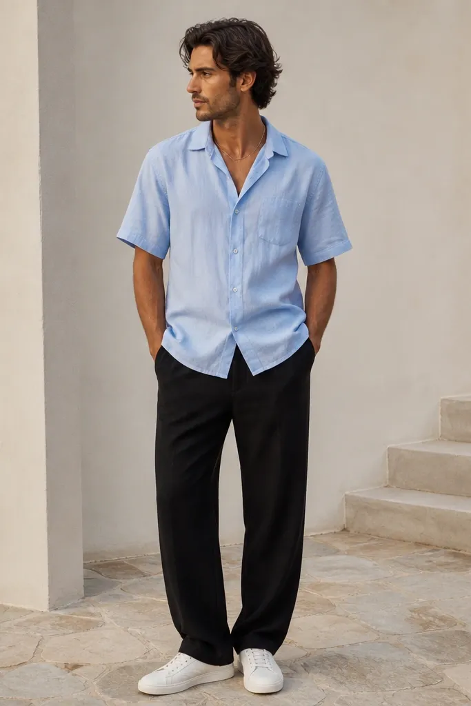 Black linen pants styled with a soft sky blue camp collar shirt. The shirt is worn untucked with a relaxed fit and the top two buttons open. White low-top sneakers and a minimal silver chain are visible.