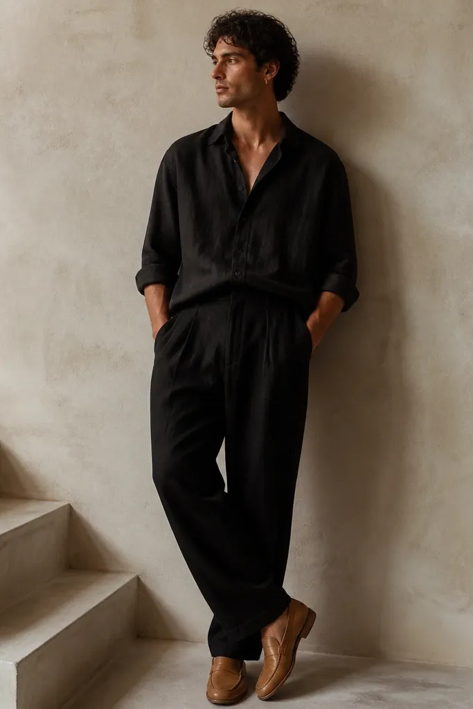 A monochrome outfit: black linen pants paired with a black linen button-up shirt. The shirt is slightly lighter in tone than the pants, with sleeves rolled and top button open. The model wears tan leather loafers and a thin gold hoop earring.