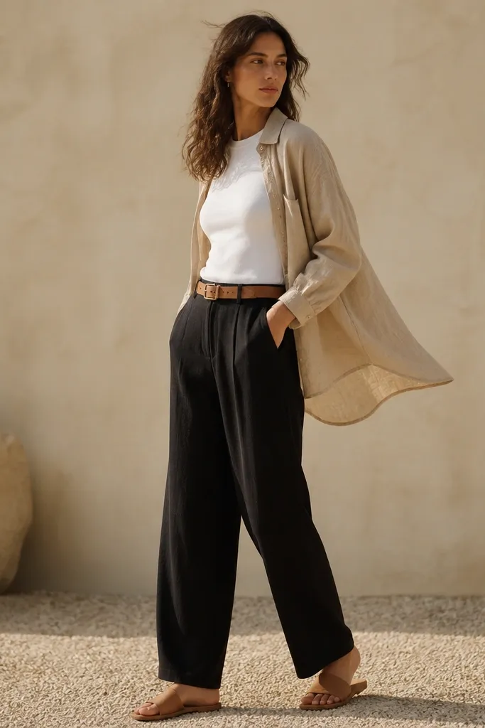Black linen pants with a white fitted tee. A sand-colored linen button-up is worn open over it like a light layer. Tan belt and tan leather sandals are visible. The model's posture shows the shirt hangs away from the body.
