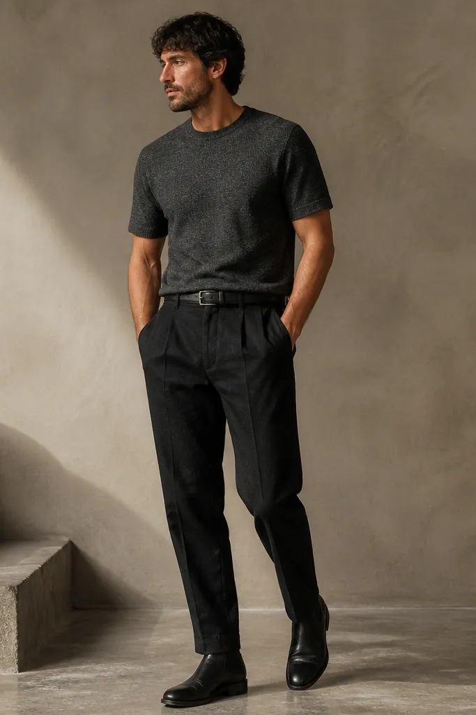 Black linen pants styled with a charcoal textured t-shirt. The shirt has a subtle heather pattern and looks thicker than a basic tee. The model wears black leather ankle boots with a low stacked heel and a black leather belt.